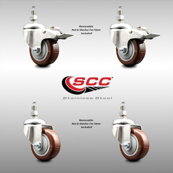 Service Caster 3.5 Inch 316SS Maroon Poly Swivel 3/8 Inch Threaded Stem Caster Lock Brake, 2PK SS316TSTTL20S3514-PPUBMRN-381615-2S2 - main